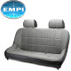 <table width="100%" border="0">
  <tr>
    <td colspan="2">
<b>FEATURES:</b>
<ul>
<li>Extra wide dimension for more relaxed fit
<li>Fully welded and painted steel frame construction
<li>Dense foam cushioning
<li>Weather-proof suspended bladder
<li>Rigid suspension straps
<li>5-Point seat belt slots accept all latch style belts
<li>Standard tab style mounting
<li>Classic square stitch style
<li>2 Way Adjustable headrest
</ul> 
<br>
	</td>
  </tr>
  <tr>
    <td>
<b>DIMENSIONS:</b><br><br>
<img src="graphics/00000001/e62-bench-dimensions.jpg" alt="EMPI Race Trim Seat Dimensions"></td>
    <td>
<ul>
<li>Overall width: 48 inches
<li>Overall height: 25 inches including tabs without headrest
<li>Shoulder width: 46 inches
<li>Mounting Point side to side: 41 inches
<li>Mounting point front to back: 14.75 inches
</ul> 
	</td>
  </tr>
</table>