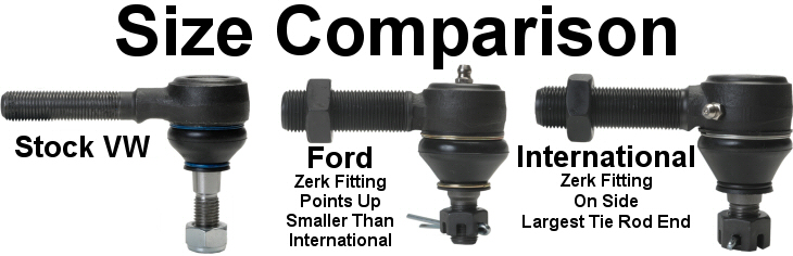 Size comparison between a Volkswagen, Ford, and International Tie rod end