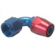 An #10 90 Degree Hose End Red With Blue